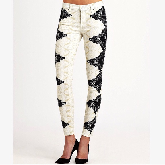 7FAM lace pattern printed color block skinny jeans - Picture 3 of 8